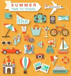 flat icons set with long shadow effect of traveling on airplane, planning a summer vacation, tourism and journey objects and passenger luggage. eps10