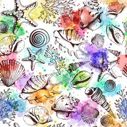seamless pattern with seashells, corals and starfishes. imitation of watercolor spots. vector illustration in sketch style. perfect for greetings, invitations, textile, wedding and web design.