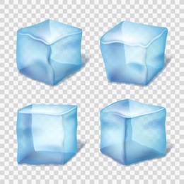 transparent blue ice cubes on plaid background.
