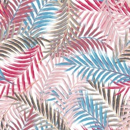 leaves of palm tree. seamless pattern. palm leaf in pink blueon white background. tropical trees leaves.