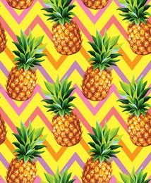 pineapple seamless pattern on an abstract geometrical background. vector illustration.