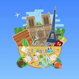 concept of travel to france or studying french. french flag with landmarks in the office. tourism in france. flat design, vector illustration