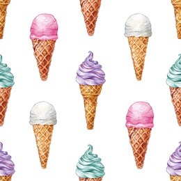 hand drawn watercolor ice cream seamless pattern on white background. watercolor illustration for restaurant menu. cartoon, isolated. vanilla, white, pink, strawberry, purple.