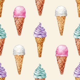hand drawn watercolor ice cream seamless pattern on beige background. watercolor illustration for restaurant menu. cartoon, isolated. vanilla, white, pink, strawberry, purple.
