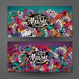 cartoon colorful vector hand drawn doodles music corporate identity. 2 horizontal banners design. templates set