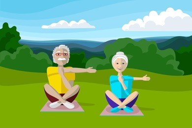 portrait of aged couple doing yoga exercise on nature. happy elderly people doing yoga with beautiful mountain view on the background. elderly activity.