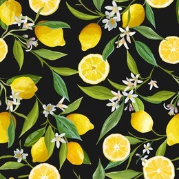 seamless floral pattern. lemon fruits background. flowers, leaves, lemons. vector