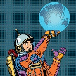 retro astronaut is holding the planet earth on hand pop art retro. caring for the planet. earth day and the day of environmental protection