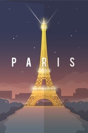 vector retro poster. vacation in paris. eiffel tower at night. france. flat design.