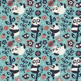 seamless cute pattern with panda and bamboo, plants, jungle, bird, berry, flowers