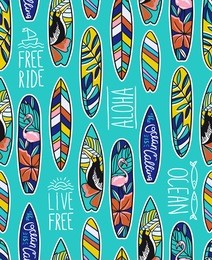 seamless vector pattern with bright surfboards and stylish phrases on the blue background.
