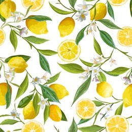 seamless floral pattern. lemon fruits background. flowers, leaves, lemons. vector