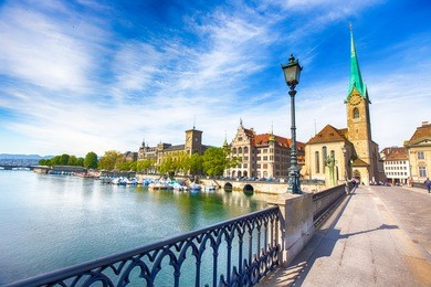 view of historic zurich city center with famous fraumunster church, limmat river and zurich lake, zurich, switzerland