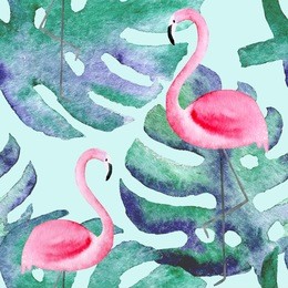 watercolor flamingo with monstera leaves seamless pattern on mint green background. tropical background design for fabric and decor.