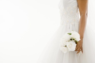 african-american bride holding bouquet.