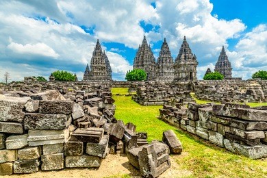 the large towers of an ancient (ninth century) hindu temple at prambanan in yogyakarta/central java, indonesia. this is a unesco world heritage site.