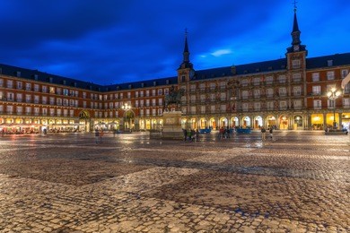 night view of plaza mayor in madrid , spain