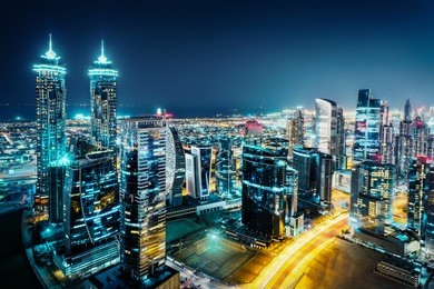fantastic view of a big city at night with illuminated modern architecture. dubai downtown, united arab emirates.