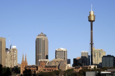 sydney tower and city skyline on a summer day, cityscape, clear blue sky, australia