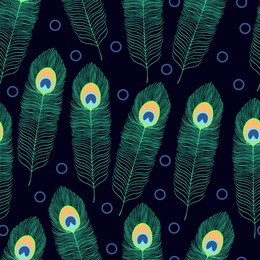 peacock feathers on a dark background. seamless pattern. vector illustration.
