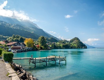 landscape of fishing village on lake brienz, switzerland. 