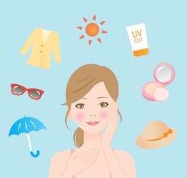 woman protect her skin from ultraviolet rays with a hat, foundation, sunscreen, sun protective clothing, sunglasses, and a parasol/uv protection