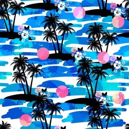 hawaiian aloha shirt seamless background with ocean, hibiscus, palms, iland. summer tropical exotic endless texture.