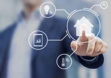 smart home interface with button and icons providing control to temperature and lamps from mobile app