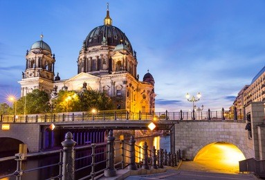 night scene from berlin cathedral on the river spree, germany