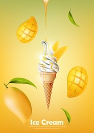 ice cream in the cone, pour mango syrup and a lot of mango background, transparent vector