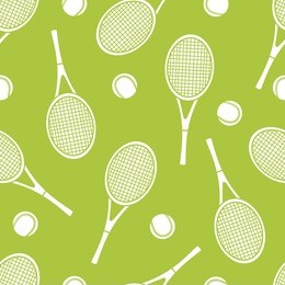 sports equipment hand drawn seamless pattern vector. doodle green background. cartoon illustration with sport objects: tennis ball and tennis racket