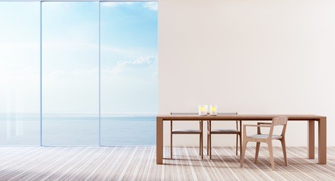 simple dining room with sea view 3d rendering