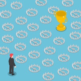 isometric difficult path to success full of traps, business obstacle concept