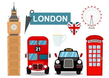 traditional symbols of england. set of funny cartoon style icons in isolation on a white background. flat vector illustration