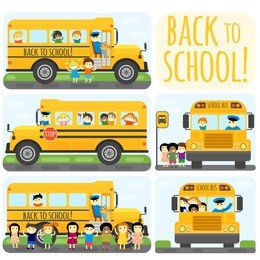 illustration of school kids riding yelliw schoolbus transportation education
