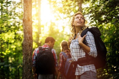 group of people trekking in forest