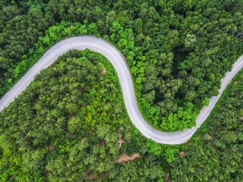 aerial view over mountain road going through forest landscape