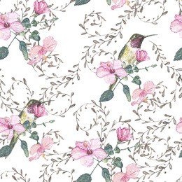 pattern flowers/ plant hibiscus and hummingbirds repeating pattern seamless watercolor