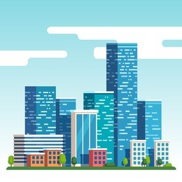 city downtown landscape with high skyscrapers piercing clouds in the sky. flat style vector illustration. 