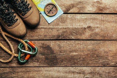 top view of travel equipment for a mountain trip