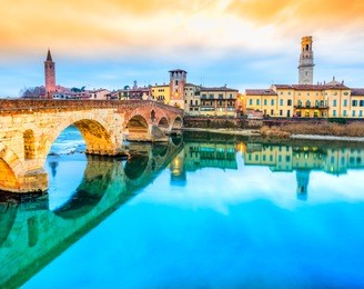 verona, italy. scenery with adige river and ponte di pietra.
