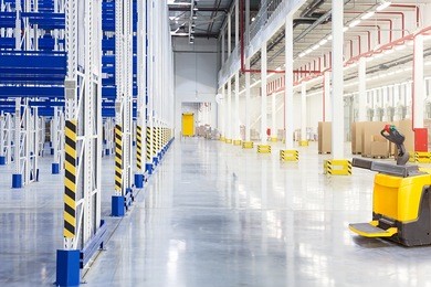 big distribution warehouse with forklift for loading goods