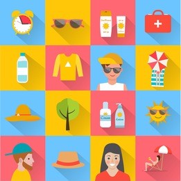 skin protection and sun safety icons set, vector illustration. with sunscreen, water, hat,  sunglasses, tanning people, etc.