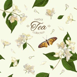 vector herbal tea seamless pattern with jasmine flowers. background design for tea, aromatherapy, herbal cosmetics, essential oils,health care products. best for fabric, textile, wrapping paper.