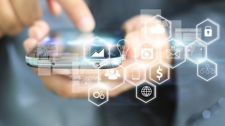 hand touch screen smart phone. social media concept.