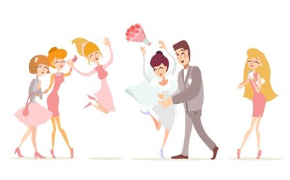 cute cartoon newly wedded couple celebrating with friends.bride throwing her bouquet.vector illustration