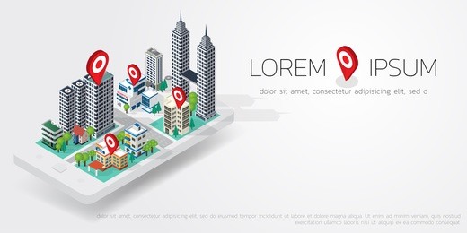 flat map gps navigation isometric landscape city center.