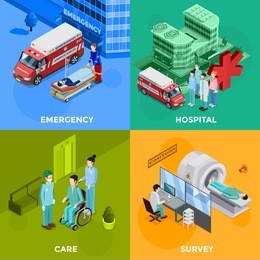 hospital 2x2 design concept set of emergency help equipment for survey and medical healthcare staff decorative icons flat vector illustration    