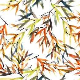 watercolor and ink bamboo leaves pattern in style sumi-e, u-sin. oriental traditional painting. seamless pattern.