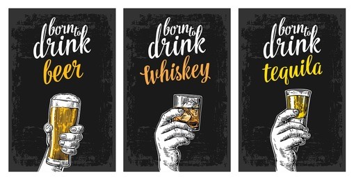 male hand holding a glasses with beer, tequila, whiskey and ice cubes. vintage vector engraving illustration for label, poster, invitation to party and birthday.